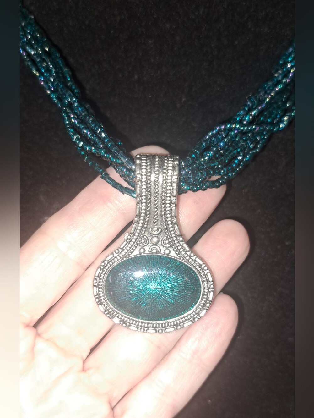 Multi Strand Blue Green Necklace Seed Beads Pendant Silver Tone Filigree Metal